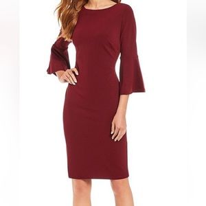 Calvin Klein wine red midi dress new without tag 3/4 bell sleeve boat neck shear